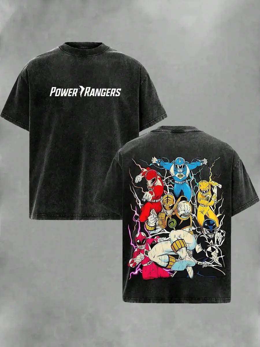 Retro Washed Superhero Team Graphic Tee, Colorful Lightning Effect Oversized T-Shirt! 90s American Casual Short Sleeve Streetwear For Men & Women. Vintage Gym Pump Cover, Outdoor Apparel, Trendy Good Tees For Comic Fans & Y2K Aesthetic Daily Tops Fit!