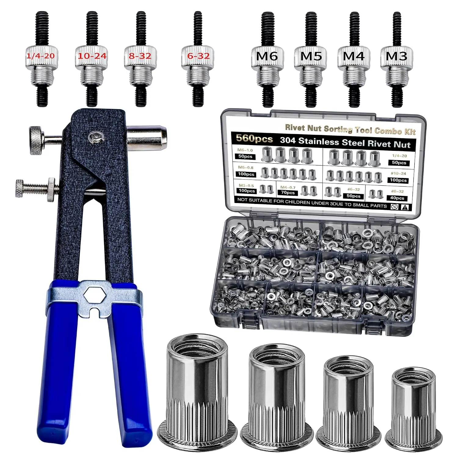 Rivet Nut Stainless Steel SAE & Metric 560 PCS SAE Rivet Nut Tool| 560pcs 304 Stainless Steel Rivet Nut tool, SAE Rivet Nuts 1/4-20, 10-24, 8-32, 6-32), Metric Rivet Nuts (M6, M5, M4, M3): Industrial & Scientific