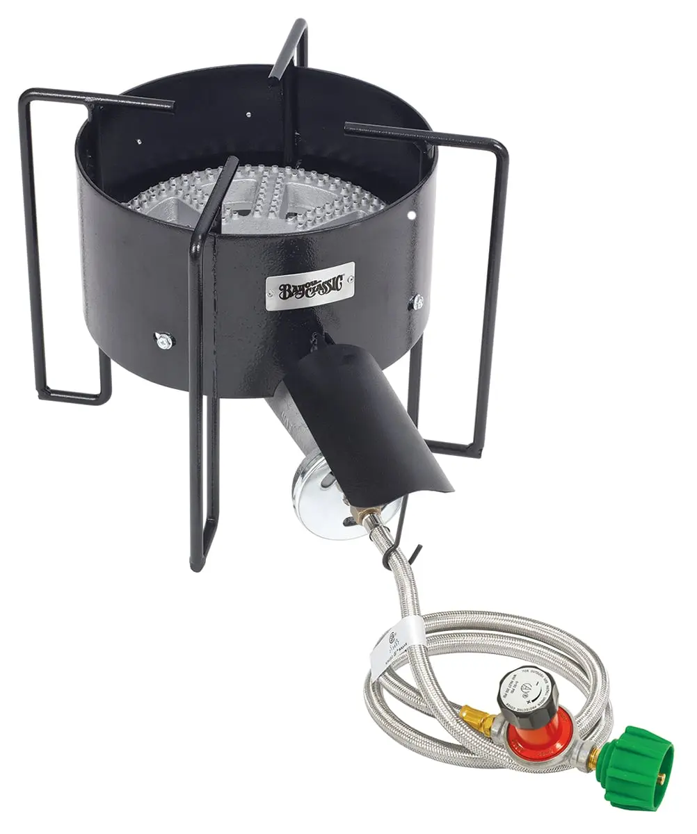 Bayou Classic Banjo Cooker, 30 PSI Cast Iron Outdoor Propane Burner with Preset Regulator and Hose Guard, Supports up to 80-qt. Stockpots, Camping Accessories, Family Reunion, Large Surface, Outdoor Cooking