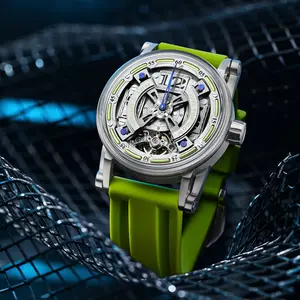 FEICE Men's Automatic Mechanical Watch, Luxury Space Station Double-Skeleton Design, Luminous Dial with Silicone Strap, 50m Waterproof, Automatic Movement