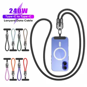Joytutus 240W USB-C Fast Charging Lanyard — 7mm Nylon Crossbody Strap, Compatible with iPhone 16/15, Samsung, Pixel, and Various Earphones; Metallic Black Finish, 4-Foot Cable Length, Durable 3-in-1 Data Sync Accessory.