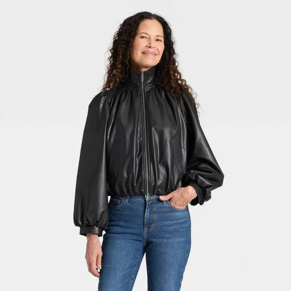 Universal Thread Women's Gathered Faux Leather Bomber Jacket - Midweight Recycled Polyester Blend, Full Zip, Side Pockets, Casual Fit Coats