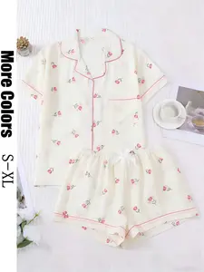 Women's Two-Piece Tulip Print Pajama Set, Short Sleeve Button-Down Shirt, Pocketed Shorts, Loose Fit, Casual Spring Summer Sleepwear