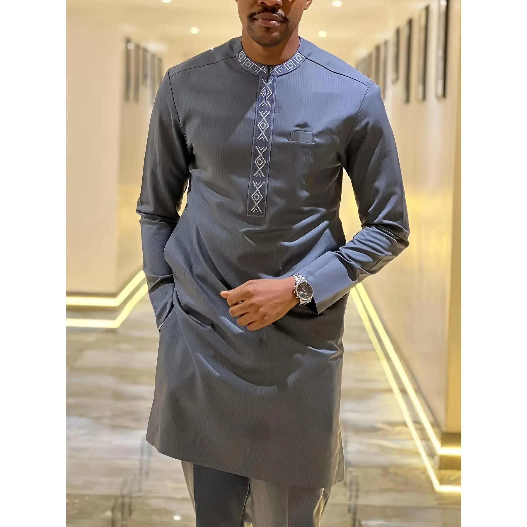 Men's 2-Piece Islamic Modest Dashiki Suit, Geometric Pattern Long-Sleeve Blouse/Shirt & Plain Drawstring Pants, Polyester Woven Casual Koko Outfit (US L)