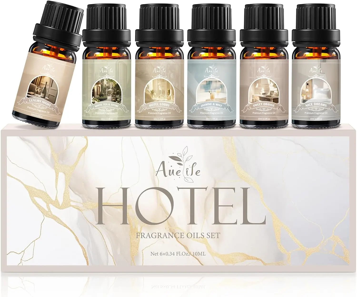 Hotel Diffuser Oil Set, 6x10ml Hotel Scent for Home | Premium Hotel Essential Oils for Candle Making, Gift for Women with White Tea Thyme, Jasmine Mint, Sweet Orange & More