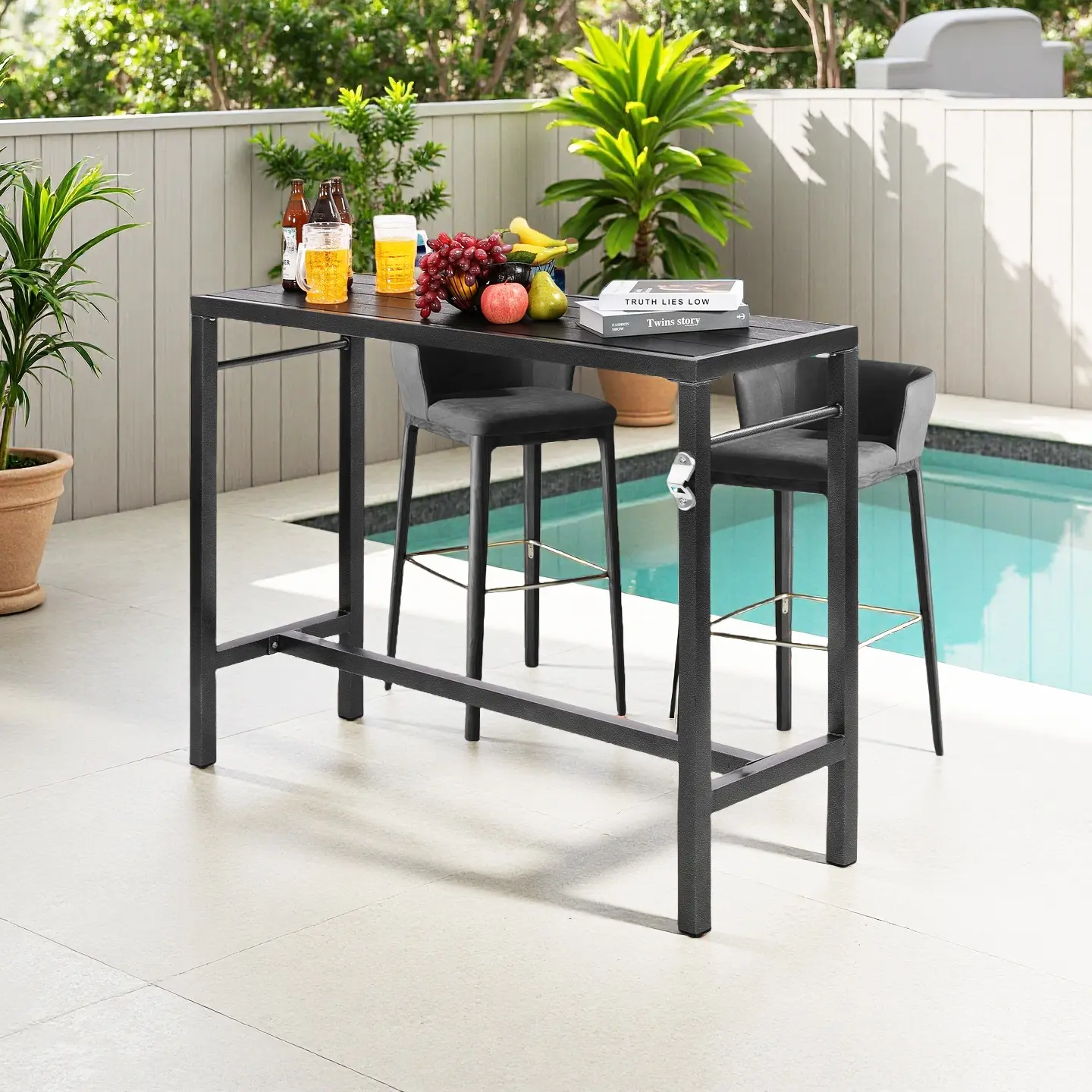 Waterproof Bar Height Table with Bottle Opener – Rectangular Pub Table, Perfect for Dining Room, Kitchen, Pool Deck, Lawn, Courtyard, Weather Resistant summerwins Outdoor Patio Furniture coffee table