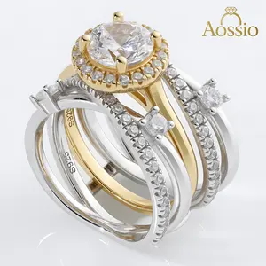 Aossio Two Tone Halo Design Stacking Ringset. Perfect for Engagement, Anniversaries. Combines Timeless Elegance & Dazzling Sparkle, Engineered for Comfortable Wear & Everlasting Style