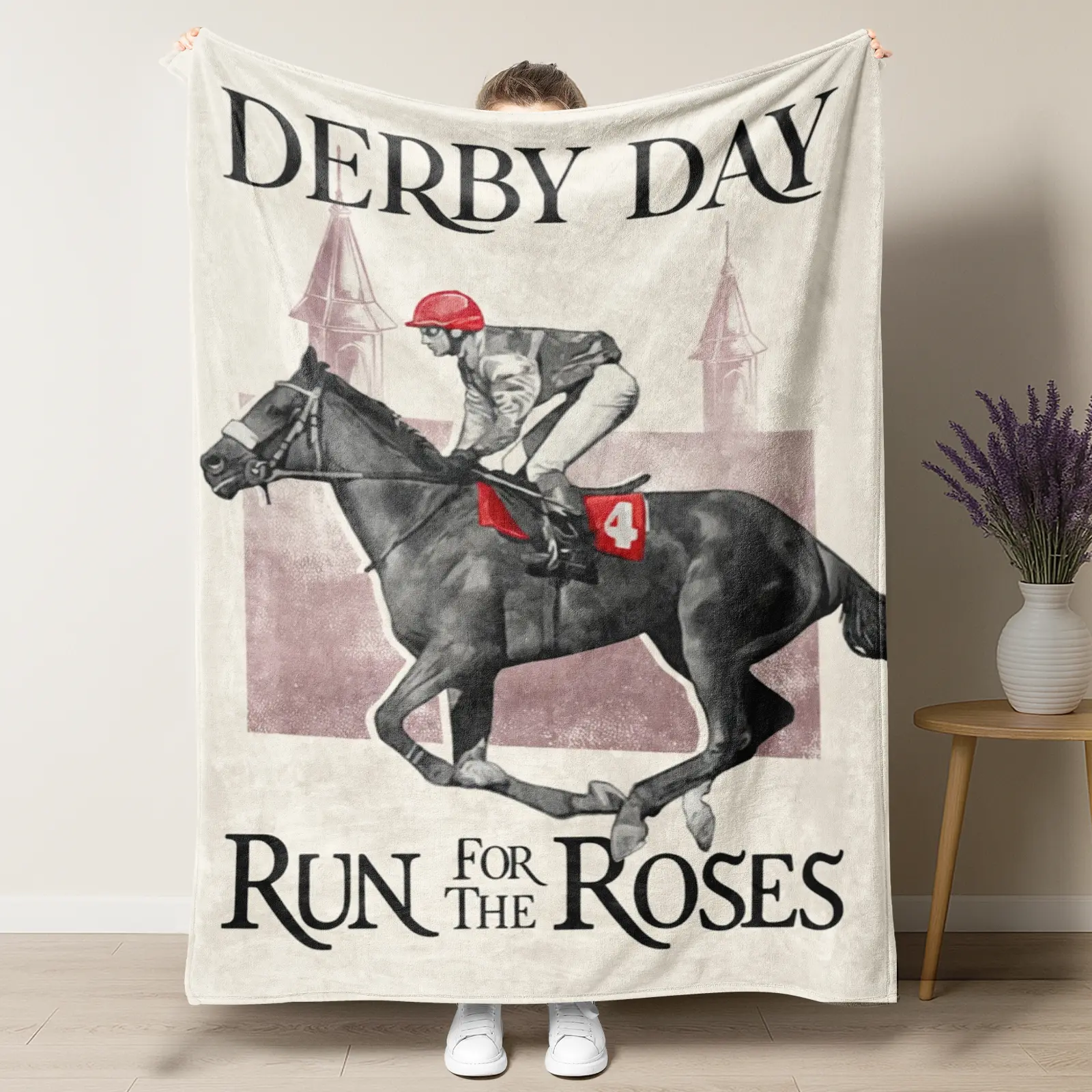 Derby Day "Run for the Roses" Flannel Blanket – Retro Horse Racing Jockey Art, Ultra Soft Throw for Kentucky Derby Fans & Equestrian Lovers