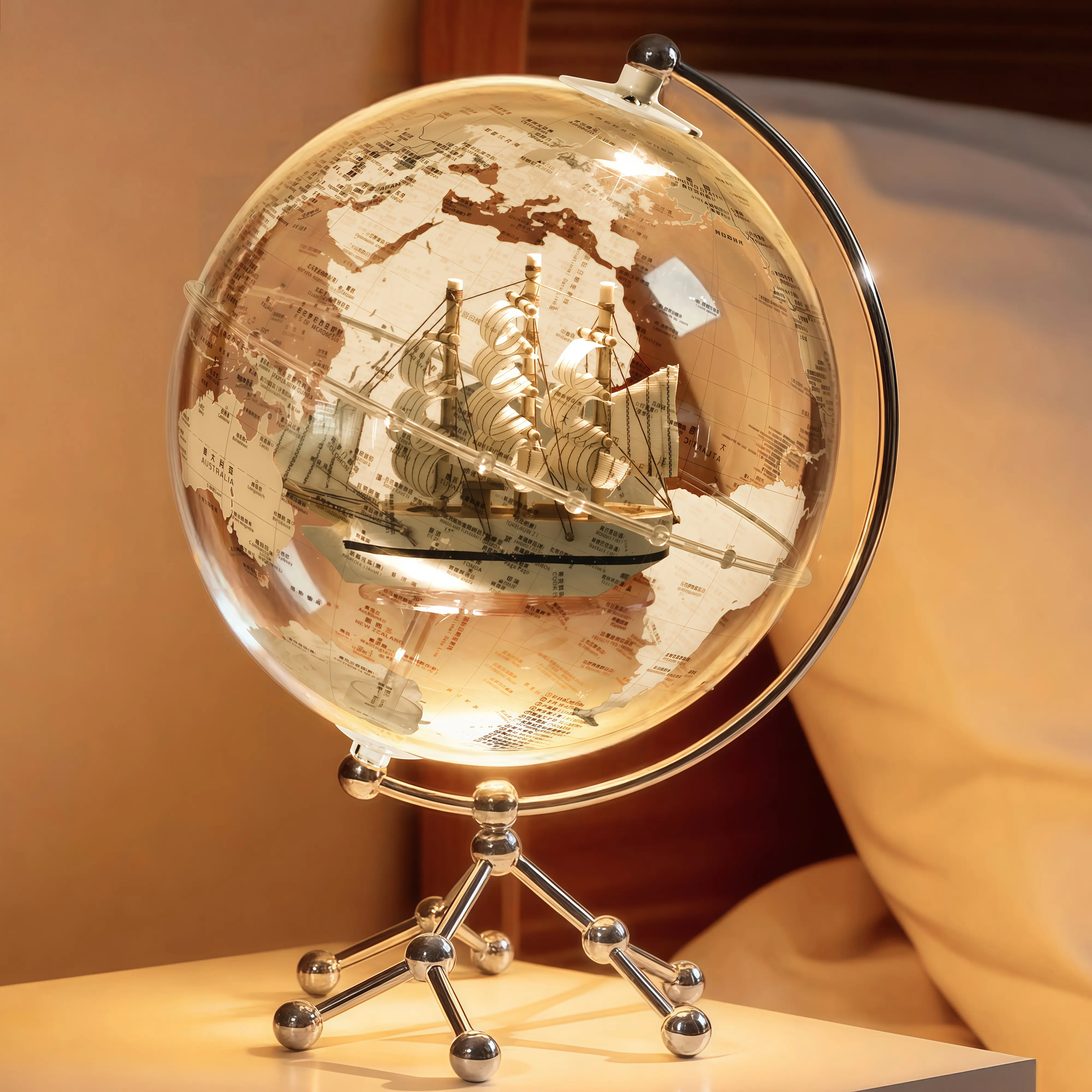 Aris & Juno Vintage Illuminated Globe with Ship Model, Aesthetic LED Desktop Globe Decor, Transparent World Map Ornament for Office Desk, Bookshelf, Study Room and Home Gift modern farmhouse exquisite craftsmanship