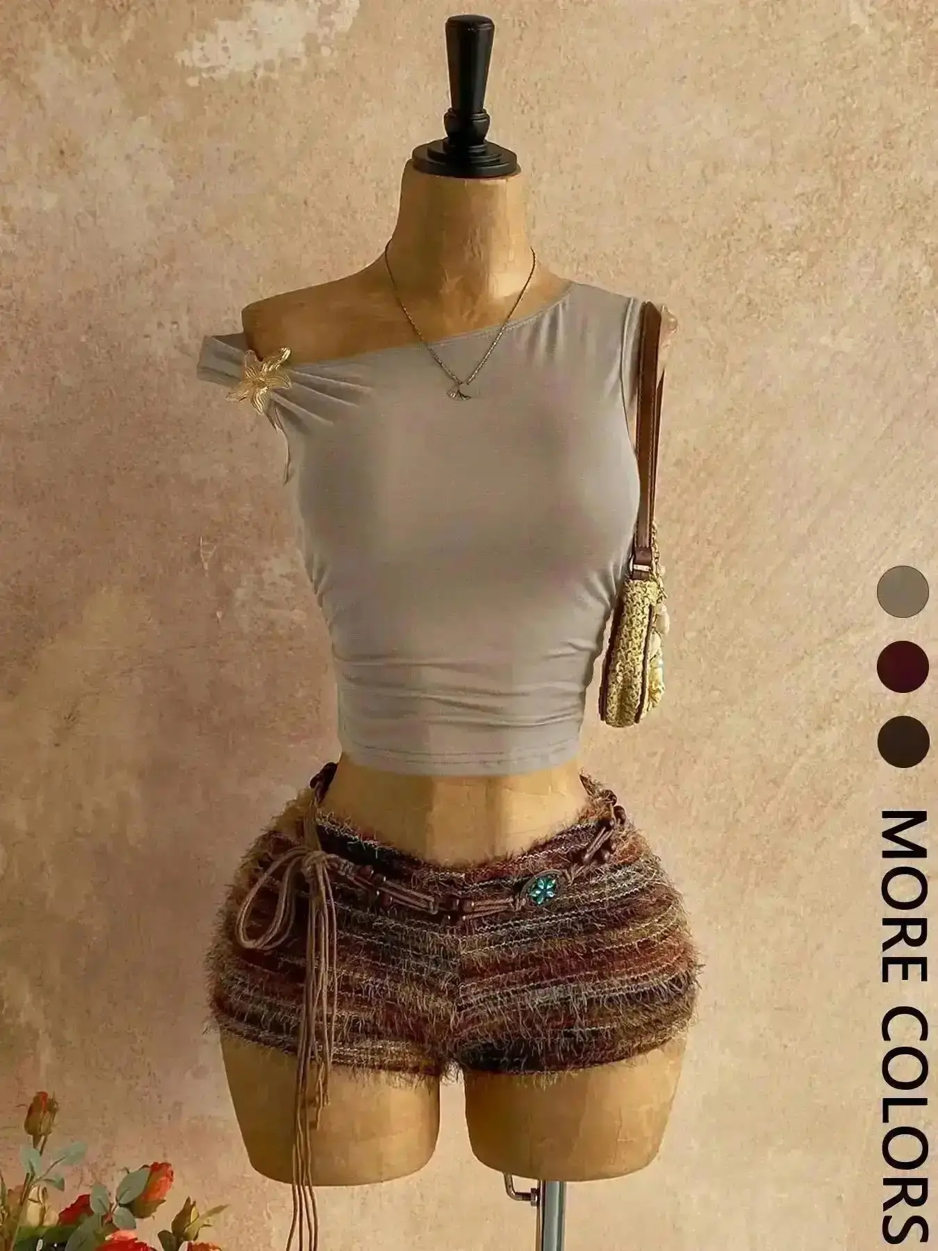 Chic 2026 Women's Y2K Aesthetic Casual One-Shoulder Metallic Accent Crop Top Vintage Fringe Tweed Shorts Set Matching Outfits, Flexible Fit, Holiday Wear, Elevated Basics, Effortless Style, Soft Touch