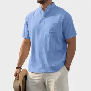 Wizoat Men's Henley Shirt Short Sleeve Band Collar Casual Tee Shirt Summer Outdoor Beach T-Shirt Chinese-Style Stand-Collar Polo Shirt Tang Suit Tai Chi Uniform Hanfu Kung Fu Attire