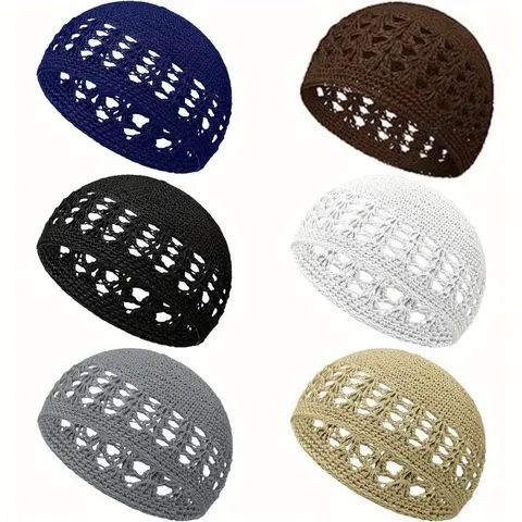 6-Piece Knitted Kufi Hat Crochet Beanie Hat Skull Hat Solid Color Elastic Knitted Hat Muslim Hat Suitable for Men and Women Teenagers