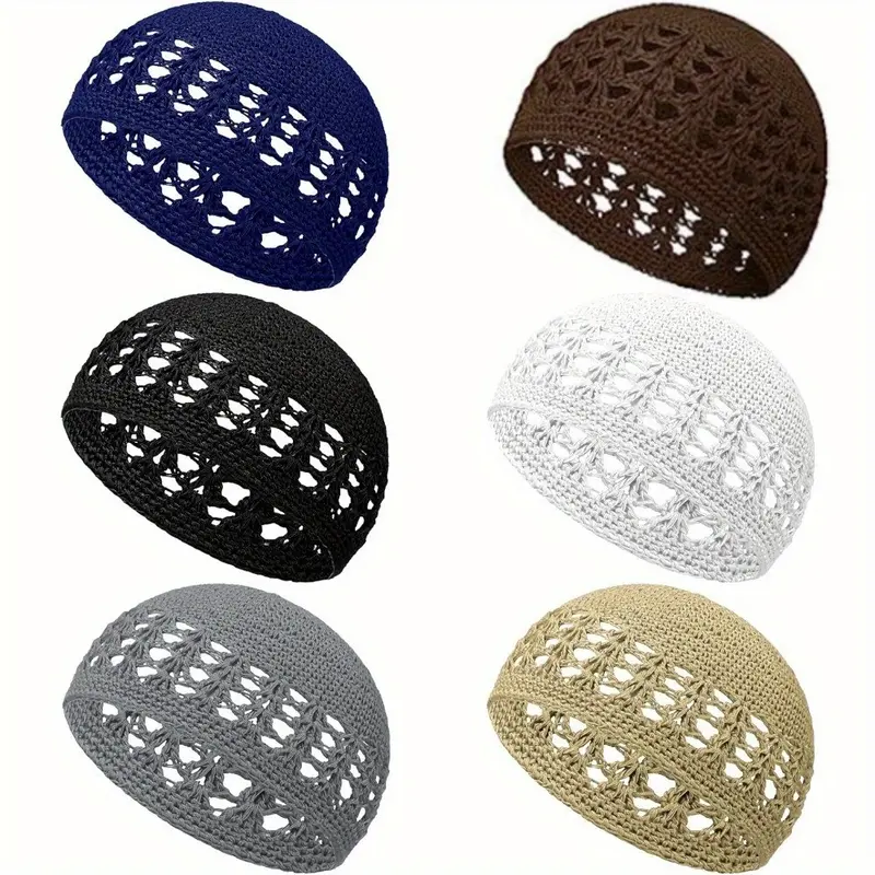 6-Piece Knitted Kufi Hat Crochet Beanie Hat Skull Hat Solid Color Elastic Knitted Hat Muslim Hat Suitable for Men and Women Teenagers
