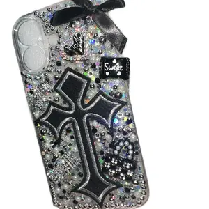 Black/Silver Glitter Case with Charms for iPhone 16 Sparkly Design Featuring Cross Charm and Sweet Tag Elegant Bling Case