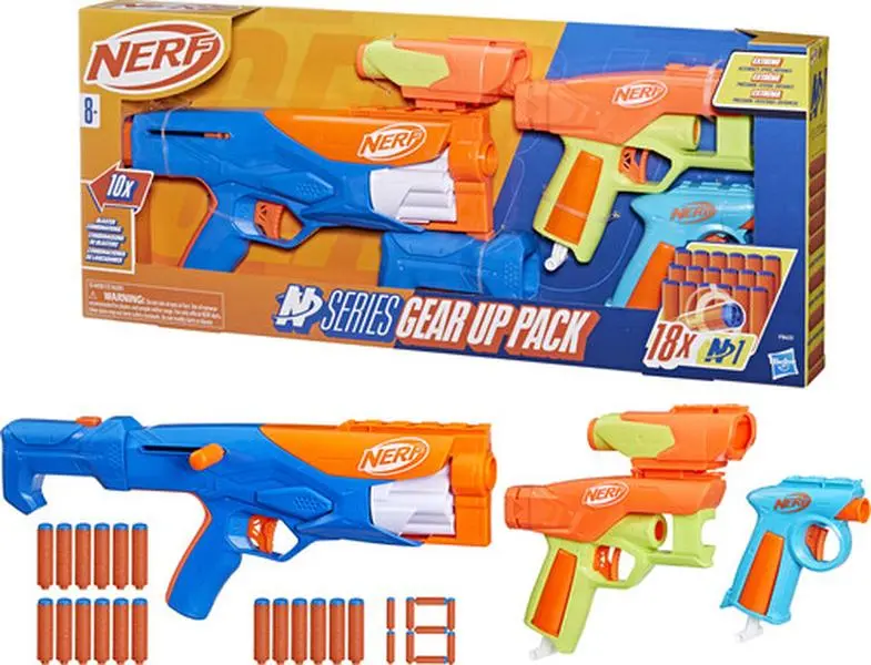Nerf N-Series Gear Up Pack Collectible Blaster Set - Bolt, Scope, Stock, Foam Dart Launcher, 10 Blaster Combinations, Instructions, Distance Details