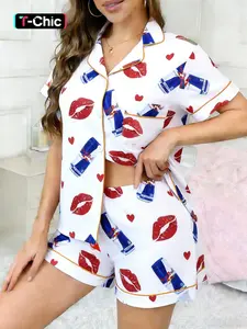 2-piece Valentine's Day Spring/Summer Collection, Loungewear, Pajama, white background, full body, red lips, red heart print, pancake print, short sleeved shorts, soft comfortable top, small pocket, elastic waistband, home casual sleepwear