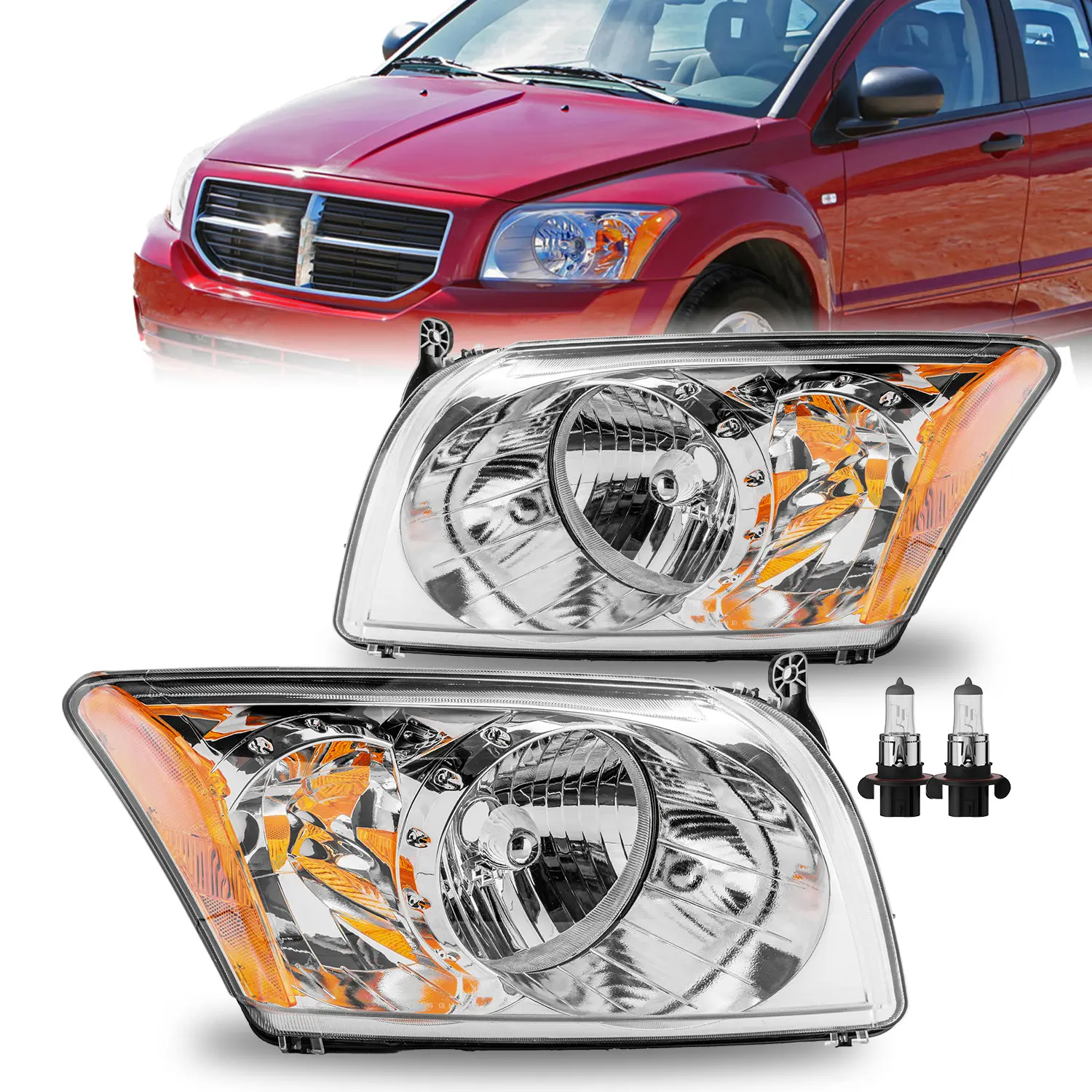 Headlights Assembly with Bulbs for 2007-2012 Dodge Caliber Halogen Headlamp Chrome Housing Replacement Driver and Passenger Side