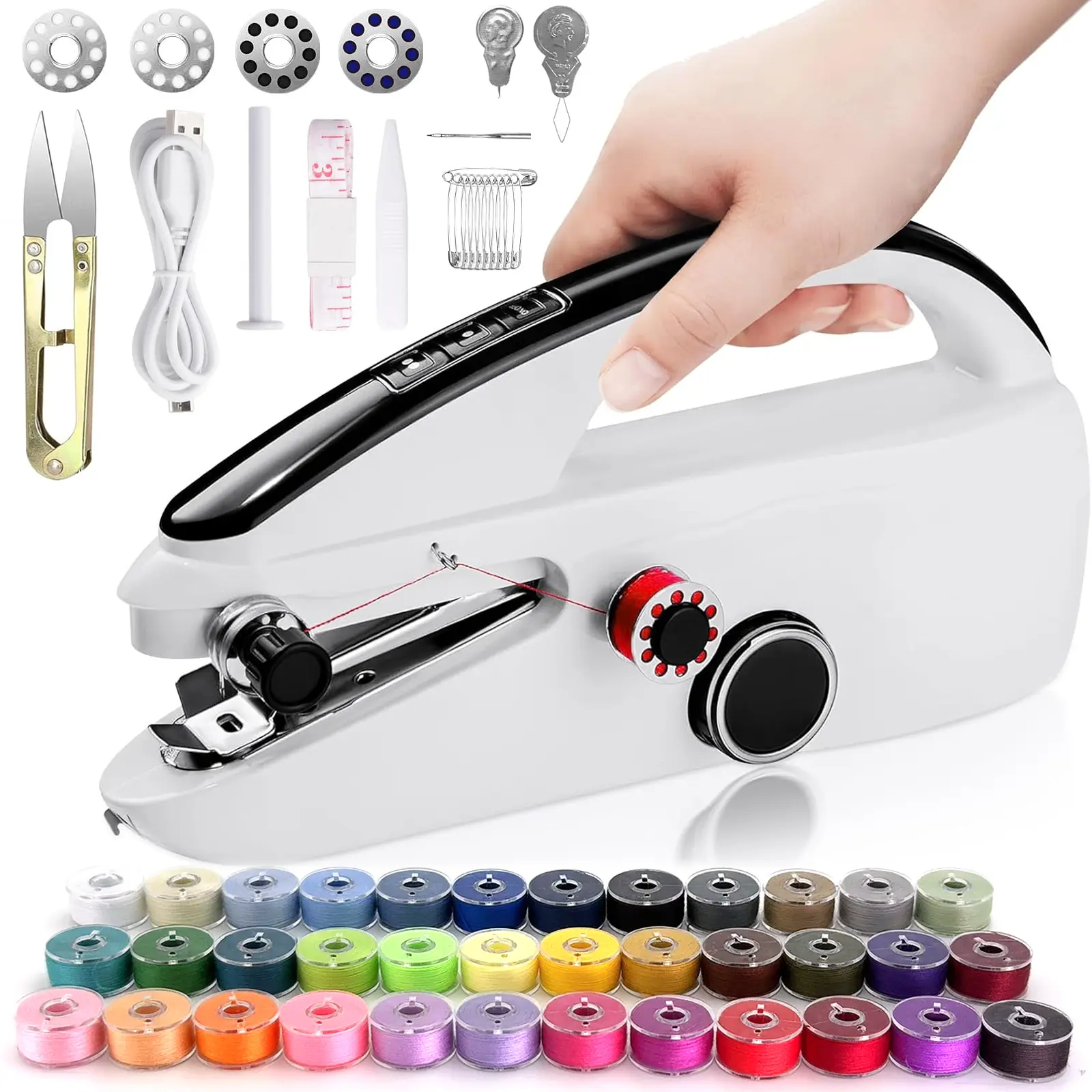 Plastic Handheld Mini Sewing Machine 55-Piece Set with Metal Components, Beginner-Friendly, Dual Speed Control, Fast Stitching, Portable for Home & Travel, 8.66in x 4.6in x 1.57in, Ideal for Thin Fabrics & Accessories