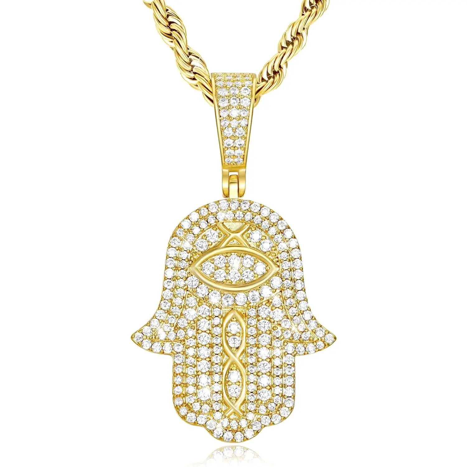 18K or White Real Gold Plated Evil Eye Hamsa Hand Pendant Necklace Iced Out Good Luck Protection Fatima Pendants Chain for Men Women(Custom Box and Pouch Packing)