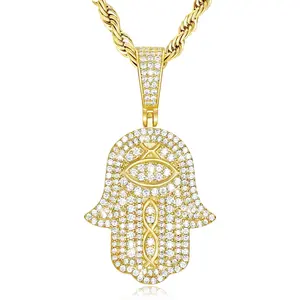 18K or White Real Gold Plated Evil Eye Hamsa Hand Pendant Necklace Iced Out Good Luck Protection Fatima Pendants Chain for Men Women(Custom Box and Pouch Packing)