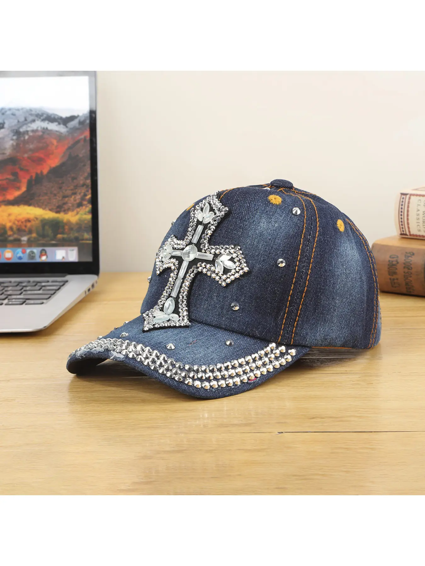 New denim ripped baseball cap with sparkling rhinestones and an oversized Chrome Hearts diamond design