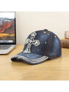 New denim ripped baseball cap with sparkling rhinestones and an oversized Chrome Hearts diamond design