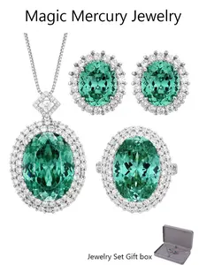 Vintage Simulated Gemstone Paraiba Green Oval Cut Jewelry Set for Women Ring Earrings  Necklace    Double Row Halo CZ    Luxury Fashion Accessories Gifts for Women