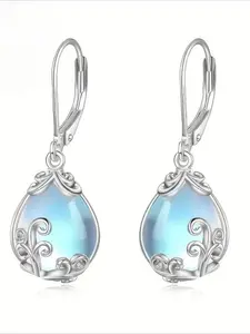 Women's Leaf Vine Dangle Earrings, 925 Sterling Silver Color Synthetic Moonstone Lever Back Drop Earrings, Filigree Design Jewelry Gift