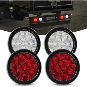 Nilight 4PCS 4 12LED Round Reverse Brake Turn Tail Lights w/Surface Mount Grommet Plugs IP67 Trailer Tail Lights for Truck Trailer RV (White and Red)