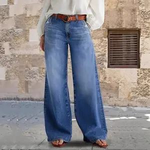 Beautifully Washed Stretch Denim Wide-Leg Mid-Waist Women's Jeans Without Belt