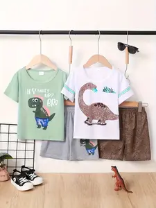 4-Piece Boys Summer Set with Cute Dinosaur Print Tees, Regular Length Tops, and Shorts, Versatile for Casual Outdoor Activities, Pocket Detail and Random Prints