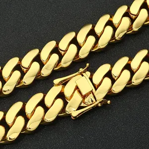 Miami Cuban Set 14K Gold Chain Necklace & Bracelet Kit 14mm with Hidden Magnetic Clasp Stealth Wealth Hip Hop Street Jewelry 7.5 - 30" Tarnish-Proof 316L Stainless Steel