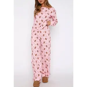 Women Christmas Outfits Casual Gingerbread Print Long Sleeve Tops and Elastic Pants 2 Piece Set Streetwear