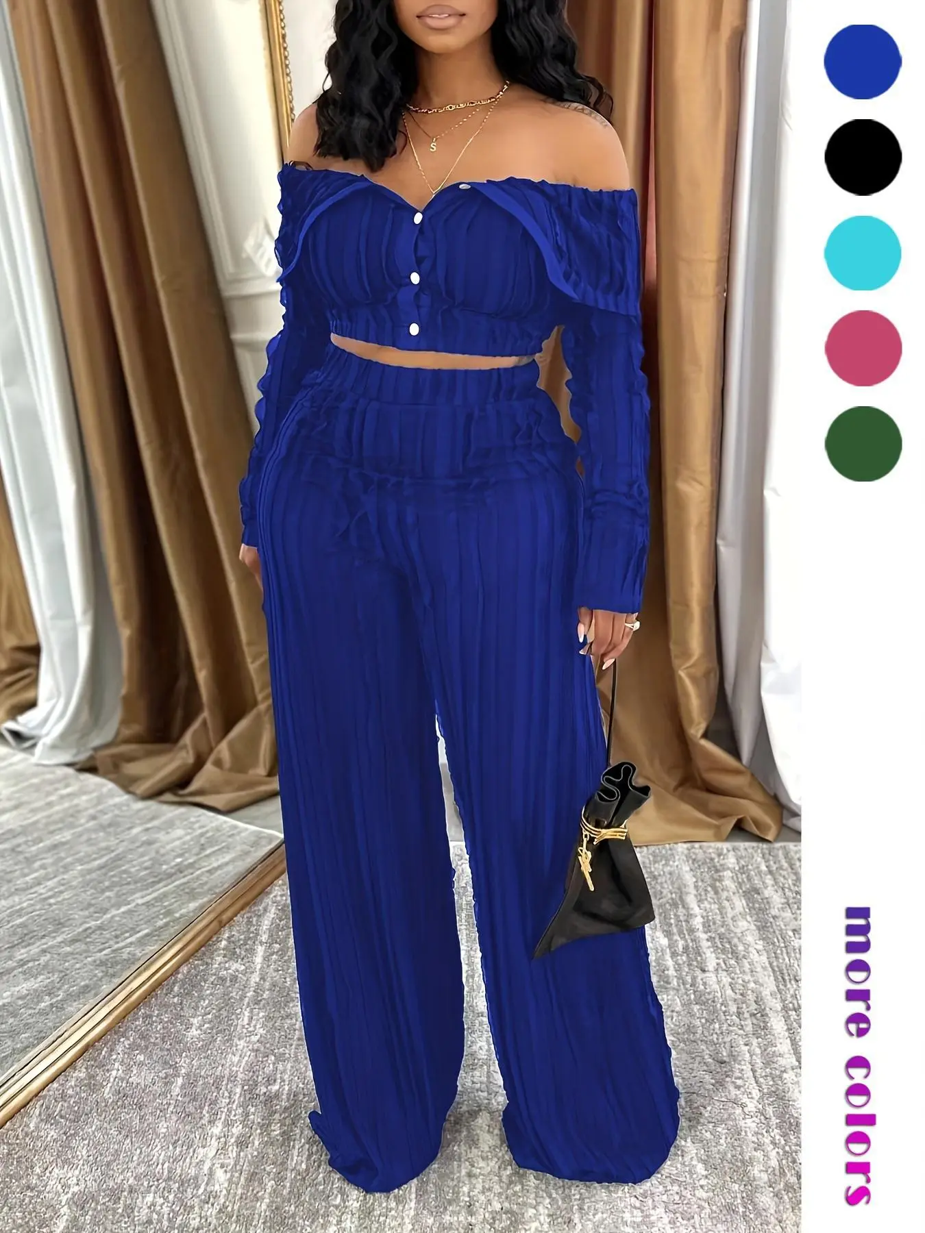 Lady 's Solid Off Shoulder Top & Wide Leg Plain Pants Set, Elegant Chic Loose Fashion Casual Two Piece Outfits for Daily Outdoor Wear, Casual Summer Set, Women Clothes for All Seasons, Stretchy Outfit Sets, Womenswear