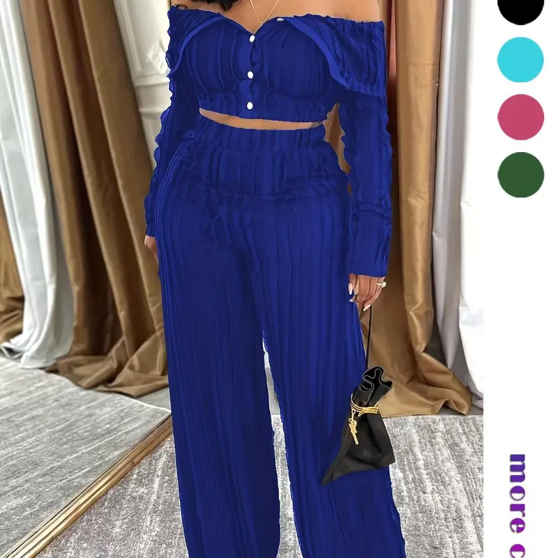 Lady 's Solid Off Shoulder Top & Wide Leg, Elegant Chic Loose Fashion Casual Two Piece Outfits for Daily Outdoor Wear, Casual Summer Set, Women Clothes for All Seasons, Stretchy Outfit Sets, Two Pieces Sets, Womenswear