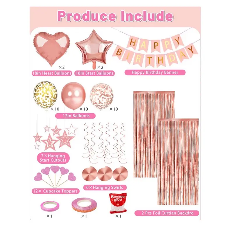 Rose Gold Happy Birthday Party Decorations, Happy Birthday Banner, Rose Gold Foil Heart Star Confetti Balloons Curtain Backdrop Hanging Swirls Party Decor for Girls Women Princess