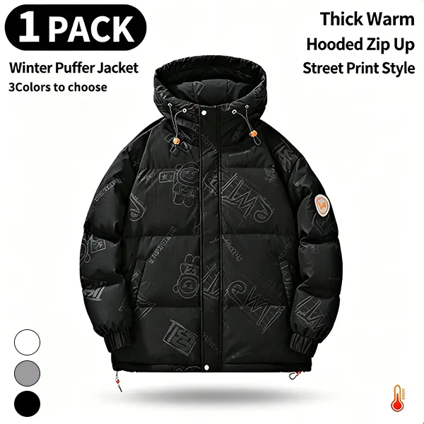 Men's Puffer Jacket with Streetwear Graffiti Print, Hooded Windproof Padded Winter Outerwear Tops, Menswear, Long Sleeve, Stylish, Party