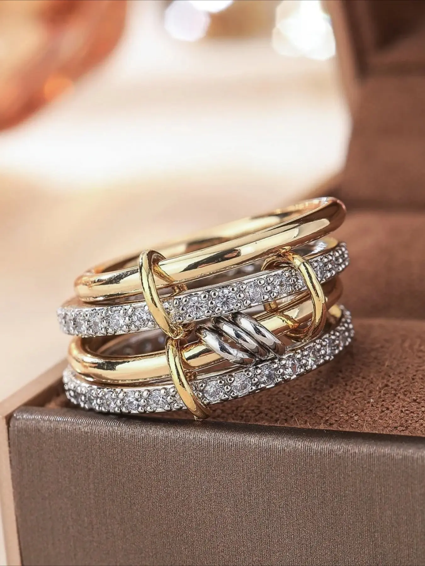Four-Ring Two-Tone Copper Ring Inlaid with Zircon, Stackable Engagement Ring, Interlocked Stackable Rings, Stylish Casual Jewelry for All Seasons, Elegant Casual Ring, Perfect Engagement Gift for Partners