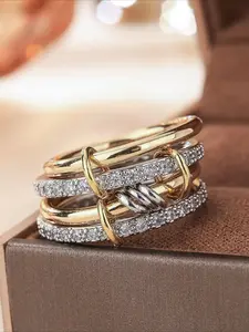 Four-Ring Two-Tone Copper Ring Inlaid with Zircon, Stylish Casual Jewelry for All Seasons, Perfect Engagement Gift for Partners