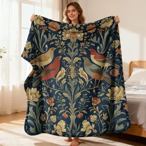 William Morris Vintage Floral And Bird Print Blanket Dark Blue With Multicolor Botanical Patterns Soft Spread Or Throw For All-Season Cozy Camping And Decor Classic British Designer Aesthetic