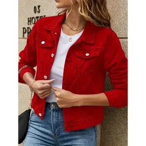 Women's Solid Color Denim Jacket Single-Breasted Button Front Machine Washable Comfortable Fabric Spring Autumn Versatile Coat for Everyday & Semi-Formal Outfits Minimalist Design winter outfits for women