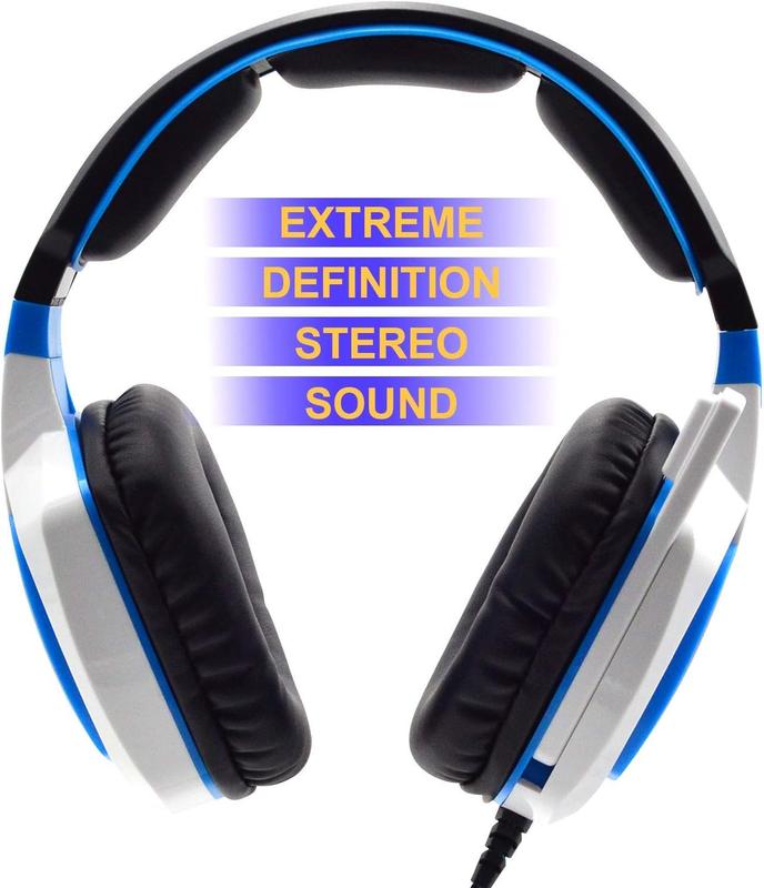 Stereo Gaming Headset for PC, Surround Sound Noise Isolation Wired Over Ear Headphones with Mic, Deep Bass, Soft Memory Earmuffs for Laptop Desktop Computer (White Blue)