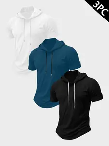 Men's 3-Pack Short Sleeve Hooded Workout Shirts, Gym Workout Clothes, Quick Dry Athletic Gym Tops, Slim Fit Curved Hem Casual Hoodie Tees for Training, Running, Fitness #tiktokmademebuyit