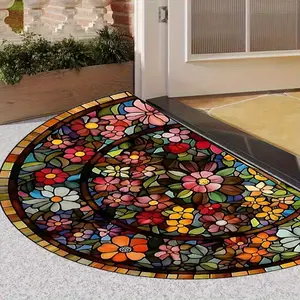 [Colorful Print Mat] 1pc Vintage Style Colorful Print Welcome Doormat – Semi-Circular Non-Slip Design, Machine Washable Polyester Mat for Entryway, Porch, or Hallway, Perfect for Spring & Summer Decor, Durable Outdoor Mat, Floral Pattern Rug