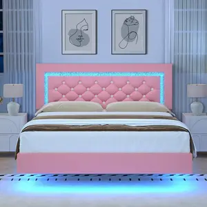 Twin/ Full/ Queen  Frame With Diamond Headboard, Floating Upholstered  Frame With LED Lights, Modern  Frame With Strong Wood Slats Support, No Box Spring Needed, Easy Assembly, Twin/ Full/ Queen, Pink/ White/ Black *  Frame Queen  Frame bed