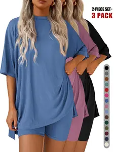 Oversized Short Sleeve Top & High-Waisted Shorts Set, Casual Plain Design, Perfect Lazy, Style
