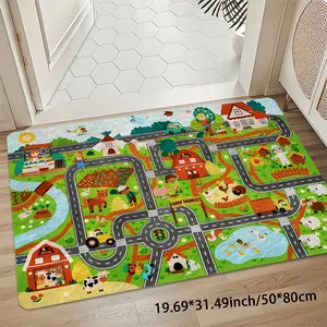 Soft 8mm Thick Farm Theme Traffic Road Map Play Rug, Decorative Rug, Kids Tractor Animal Welcome Mat for Entryway, Non-Slip 850gsm Washable Floor Mat for Kitchen Bathroom Bedroom Living Room Playroom Home Decor Area Rug