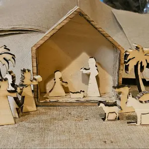 Miniature Nativity Scene Made from Wood - Handcrafted Wooden Figures and Animals in a House Shape Display