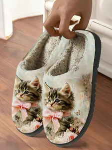 Bow Kitten Rose Butterfly Sweet Pattern Fall Winter Comfortable Soft Warm Non-Slip Indoor Cotton Slippers for Adults