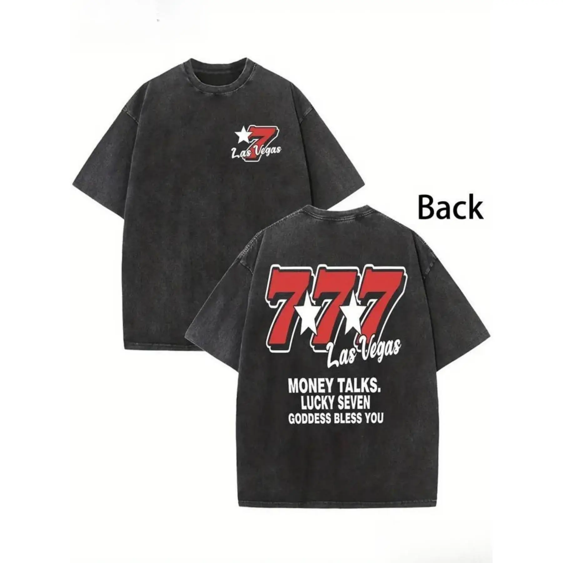 Men Fashion Round Neck Vintage Washed T-Shirt with Las Vegas 777 Money Talks Lucky Seven Goddess Bless You Print Perfect for Travel Fashion Lovers Retro Style Comfort Fit Suitable for All Seasons Casual And Comfortable Wear